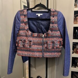 Carven Navy and Multicolor Tweed Cropped Blazer